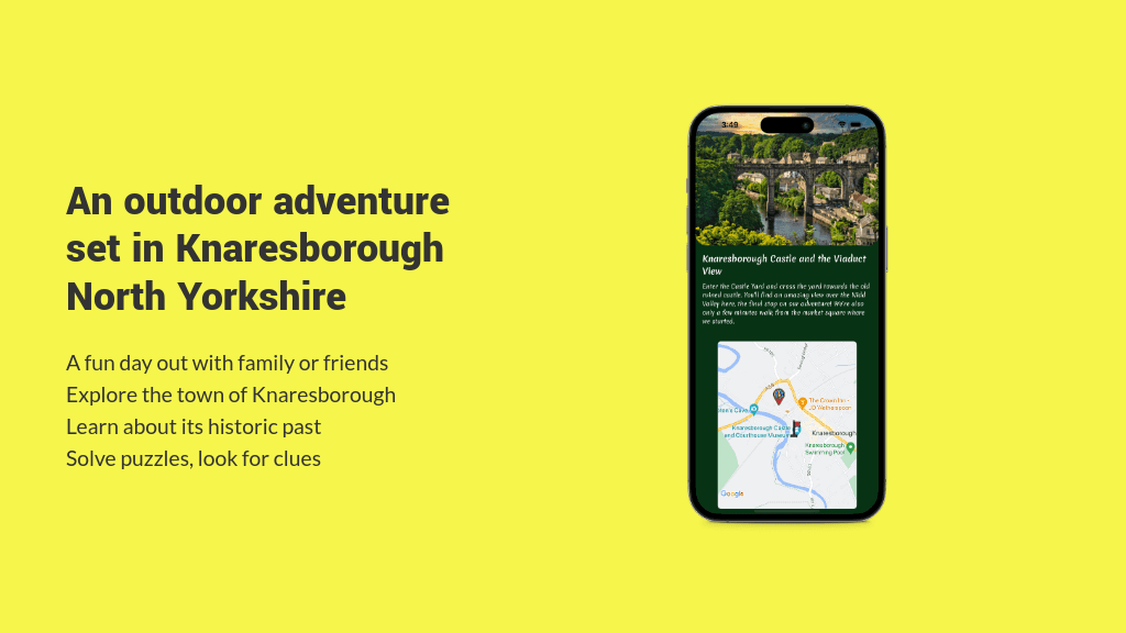 A phone showing the Yorkshire Adventure app, with a photo of Knaresborough's viaduct and a map, on a yellow background next to the text 'An outdoor adventure set in Knaresborough North Yorkshire'