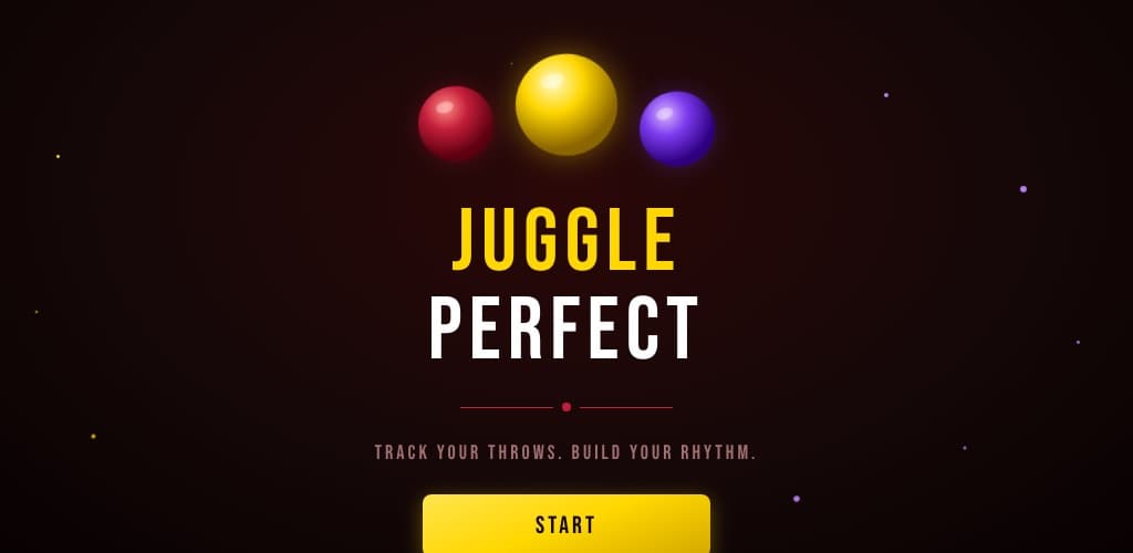 The Juggle Perfect start screen: red, gold and purple balls above the title and a Start button
