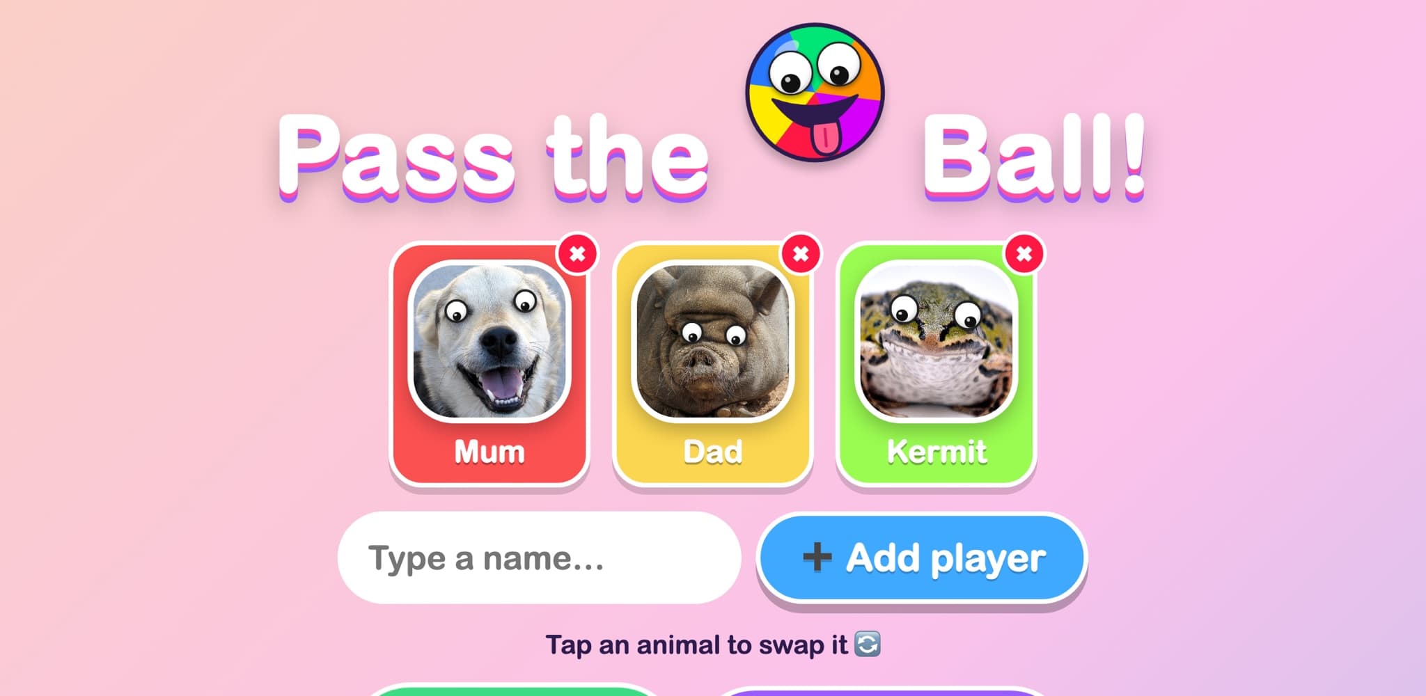 The Pass the Ball! game: a rainbow title with a googly-eyed beach ball and silly animal players