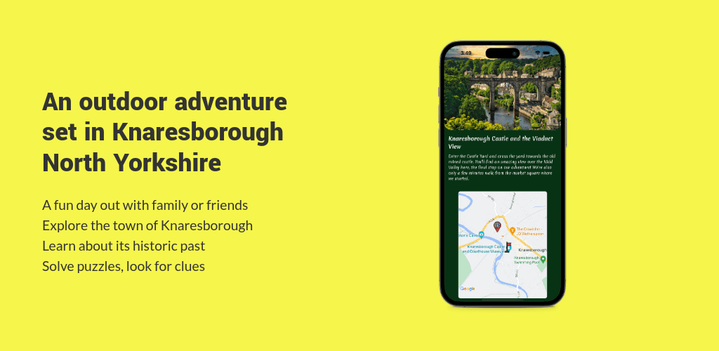 The Yorkshire Adventure trail on a phone, showing Knaresborough Castle and a map of the route