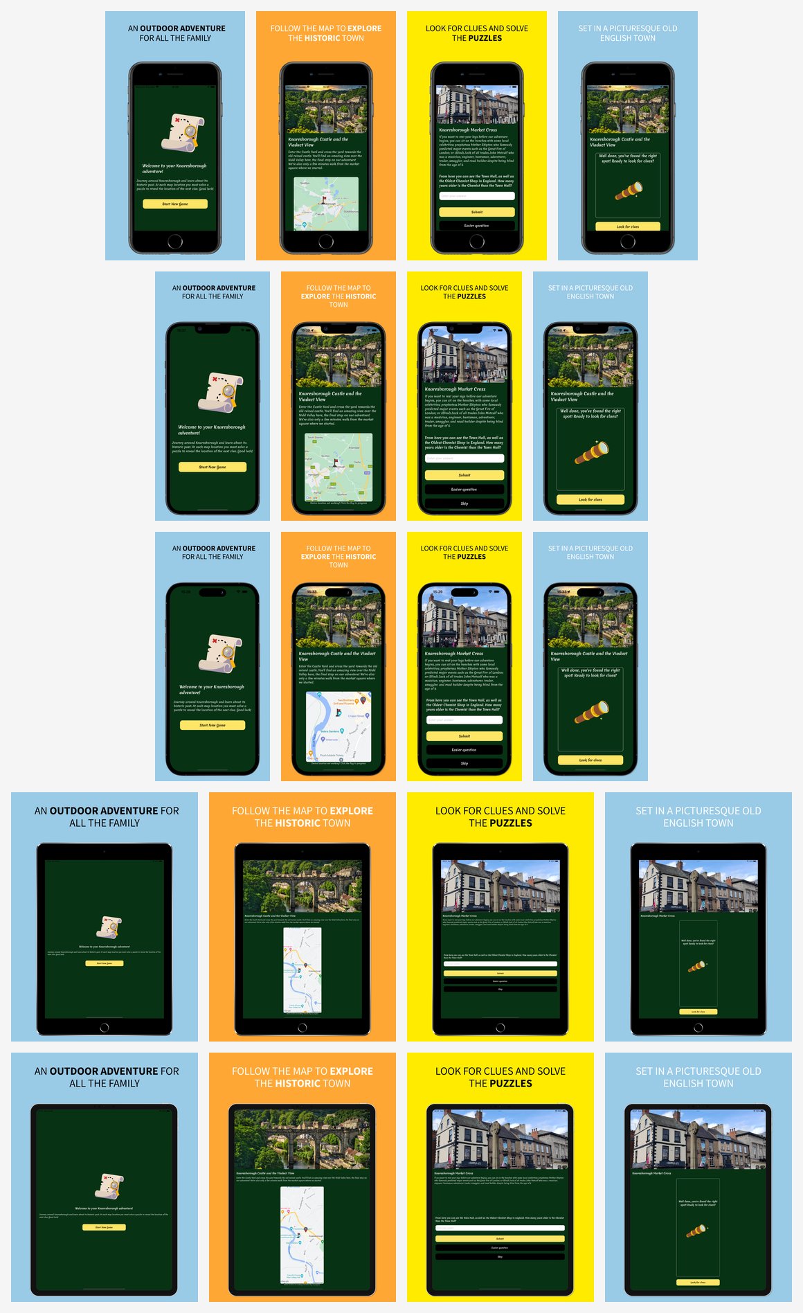 A grid of 20 near-identical App Store screenshots of the Yorkshire Adventure app across five iPhone and iPad sizes, captioned 'An outdoor adventure for all the family', 'Follow the map to explore the historic town', 'Look for clues and solve the puzzles' and 'Set in a picturesque old English town'